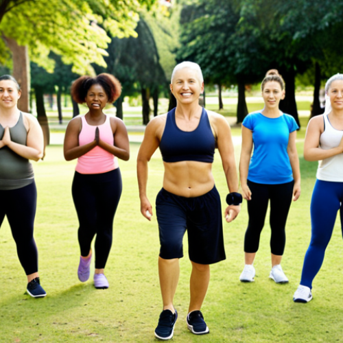 Home 18 **Prompt:** A diverse group of people exercising together in a park, led by a friendly fitness trainer. The scene is bright and motivational, showcasing various activities like yoga, jogging, and strength training. Focus on capturing the energy and positive atmosphere of a community fitness session.