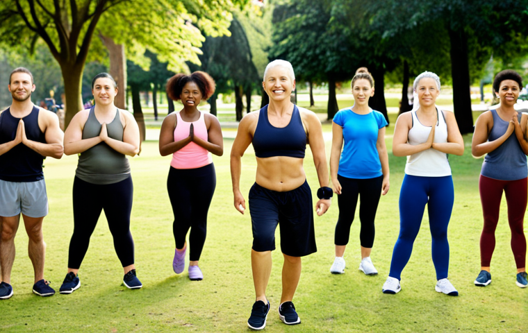 **Prompt:** A diverse group of people exercising together in a park, led by a friendly fitness trainer. The scene is bright and motivational, showcasing various activities like yoga, jogging, and strength training. Focus on capturing the energy and positive atmosphere of a community fitness session.