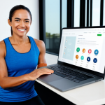 A professional female health trainer, in modest athletic wear, smiling confidently while engaging with a laptop displaying a modern fitness website. Her bright, clean home studio is subtly visible in the background with minimal gym equipment, symbolizing online coaching and a strong digital presence. She is fully clothed, appropriate attire, professional dress, safe for work, perfect anatomy, correct proportions, natural pose, well-formed hands, proper finger count, natural body proportions, professional photography, high quality, appropriate content, family-friendly.