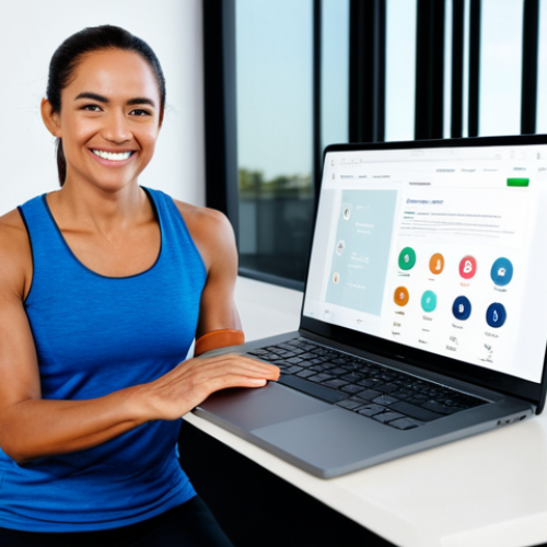 Home 17 A professional female health trainer, in modest athletic wear, smiling confidently while engaging with a laptop displaying a modern fitness website. Her bright, clean home studio is subtly visible in the background with minimal gym equipment, symbolizing online coaching and a strong digital presence. She is fully clothed, appropriate attire, professional dress, safe for work, perfect anatomy, correct proportions, natural pose, well-formed hands, proper finger count, natural body proportions, professional photography, high quality, appropriate content, family-friendly.