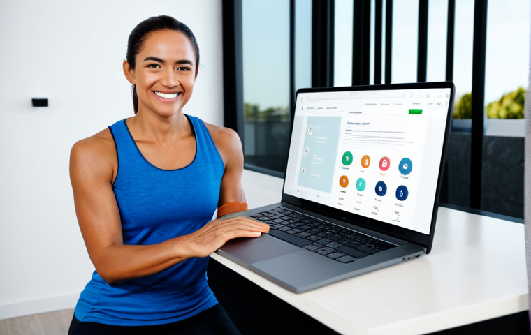 A professional female health trainer, in modest athletic wear, smiling confidently while engaging with a laptop displaying a modern fitness website. Her bright, clean home studio is subtly visible in the background with minimal gym equipment, symbolizing online coaching and a strong digital presence. She is fully clothed, appropriate attire, professional dress, safe for work, perfect anatomy, correct proportions, natural pose, well-formed hands, proper finger count, natural body proportions, professional photography, high quality, appropriate content, family-friendly.