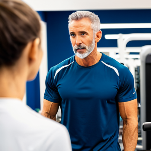 Home 8 A professional fitness coach, fully clothed in modest athletic wear, is actively listening to a client in a modern, well-lit gym. The coach maintains eye contact, showing empathy and understanding. The client, also in appropriate, modest gym attire, is speaking, perhaps discussing personal fitness goals or challenges. The background features blurred gym equipment, suggesting a supportive and focused environment. The scene emphasizes trust and personalized attention, suitable for professional marketing. safe for work, appropriate content, fully clothed, professional, perfect anatomy, correct proportions, natural pose, well-formed hands, proper finger count, natural body proportions, high-quality, professional photography.