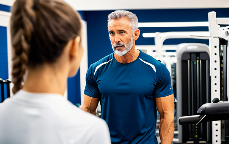A professional fitness coach, fully clothed in modest athletic wear, is actively listening to a client in a modern, well-lit gym. The coach maintains eye contact, showing empathy and understanding. The client, also in appropriate, modest gym attire, is speaking, perhaps discussing personal fitness goals or challenges. The background features blurred gym equipment, suggesting a supportive and focused environment. The scene emphasizes trust and personalized attention, suitable for professional marketing. safe for work, appropriate content, fully clothed, professional, perfect anatomy, correct proportions, natural pose, well-formed hands, proper finger count, natural body proportions, high-quality, professional photography.