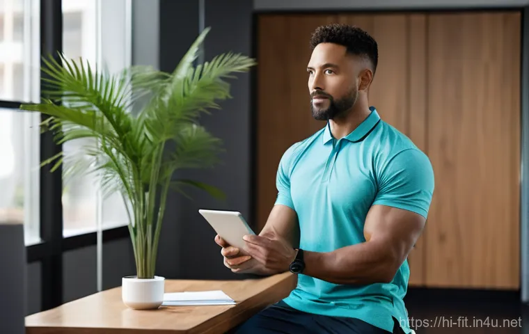 헬스트레이너 성공적인 PT 계획 - **Prompt:** A diverse male personal fitness trainer, mid-30s, with a warm and understanding expressi...