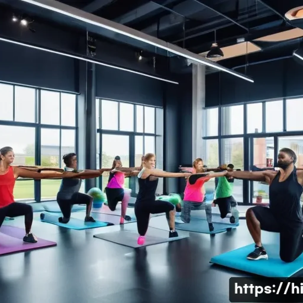 헬스트레이너 운동 프로그램 평가 - A diverse group fitness class in a modern gym, featuring people of various ages and fitness levels p...