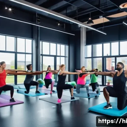 헬스트레이너 운동 프로그램 평가 - A diverse group fitness class in a modern gym, featuring people of various ages and fitness levels p...