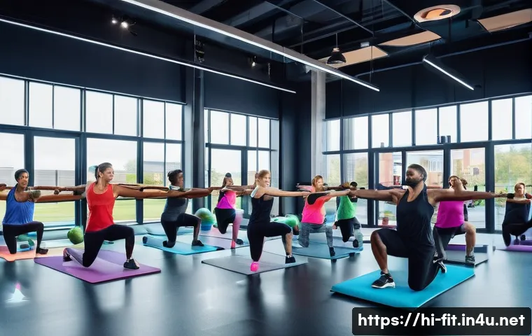 헬스트레이너 운동 프로그램 평가 - A diverse group fitness class in a modern gym, featuring people of various ages and fitness levels p...