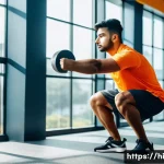 헬스트레이너와 영양 코칭 - A young Indian man performing squats in a bright, modern gym environment, wearing proper gym attire ...