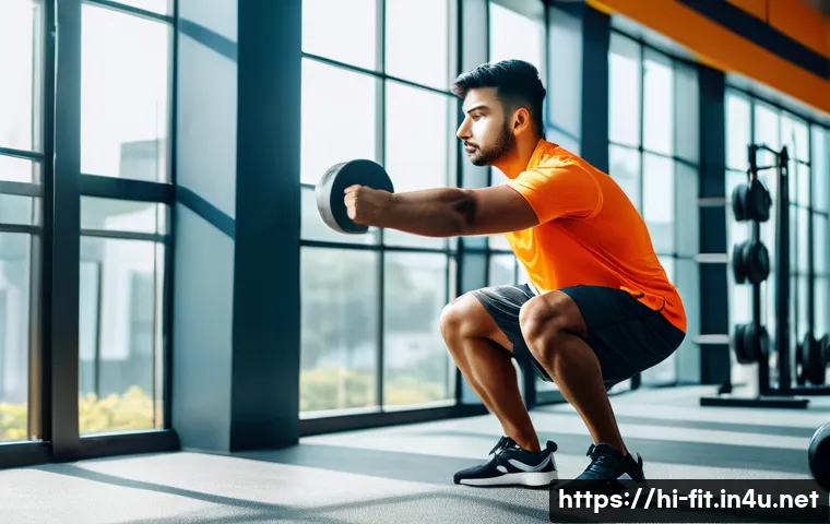 헬스트레이너와 영양 코칭 - A young Indian man performing squats in a bright, modern gym environment, wearing proper gym attire ...