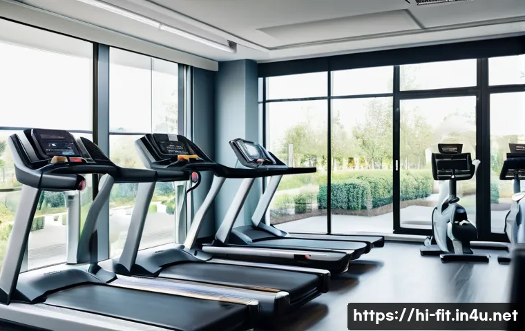 헬스트레이너 장비 관리법 - A clean and well-maintained gym environment showing various fitness equipment such as treadmills, st...