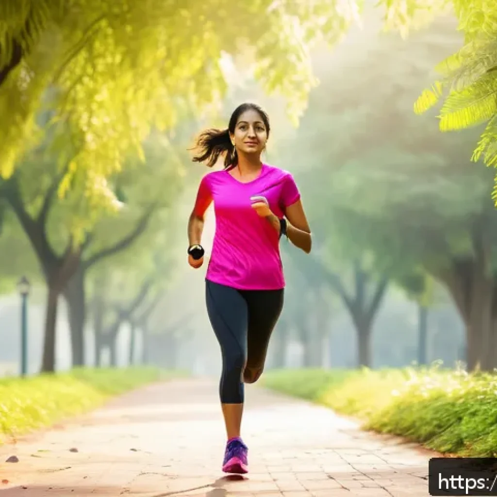 헬스트레이너 심폐 지구력 훈련 - A vibrant outdoor scene featuring a young Indian woman briskly walking on a tree-lined urban park pa...