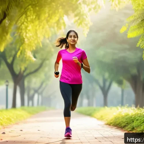 헬스트레이너 심폐 지구력 훈련 - A vibrant outdoor scene featuring a young Indian woman briskly walking on a tree-lined urban park pa...