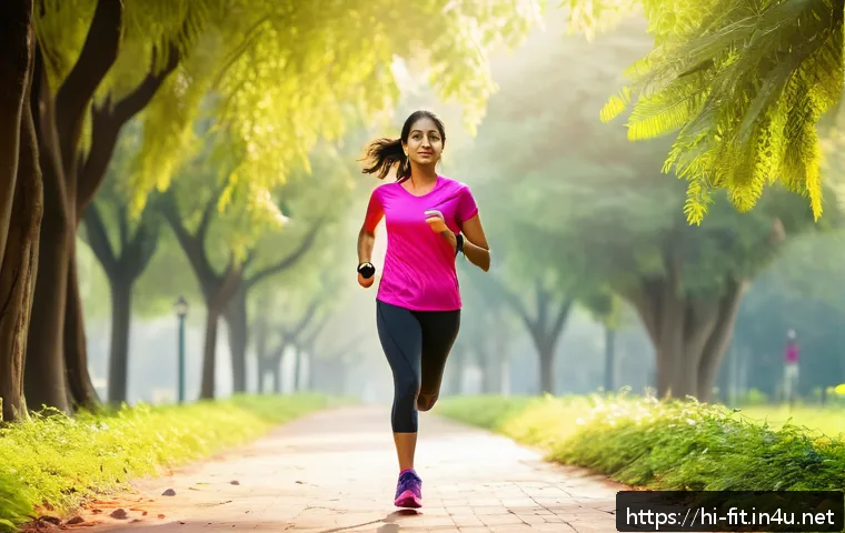 헬스트레이너 심폐 지구력 훈련 - A vibrant outdoor scene featuring a young Indian woman briskly walking on a tree-lined urban park pa...