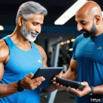 헬스트레이너와 스포츠 마사지 - A professional Indian personal fitness trainer consulting with a middle-aged Hindi-speaking man in a...