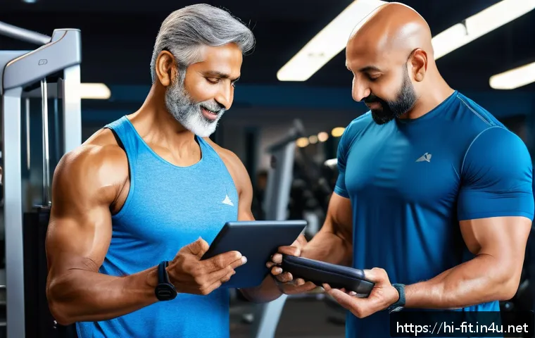 헬스트레이너와 스포츠 마사지 - A professional Indian personal fitness trainer consulting with a middle-aged Hindi-speaking man in a...