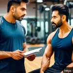 헬스트레이너 고객 불만 대응 - A professional Indian fitness trainer attentively listening to a middle-aged Hindi-speaking client i...