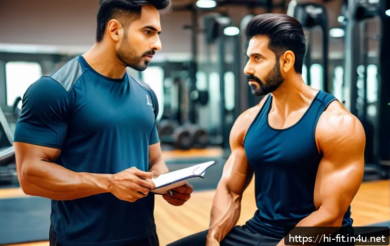 헬스트레이너 고객 불만 대응 - A professional Indian fitness trainer attentively listening to a middle-aged Hindi-speaking client i...
