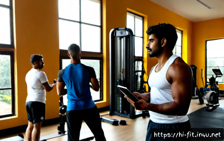 Home 17 헬스트레이너 수익 극대화 팁 - Photorealistic Indian personal fitness trainer in a clean modern gym, confidently coaching a small g...