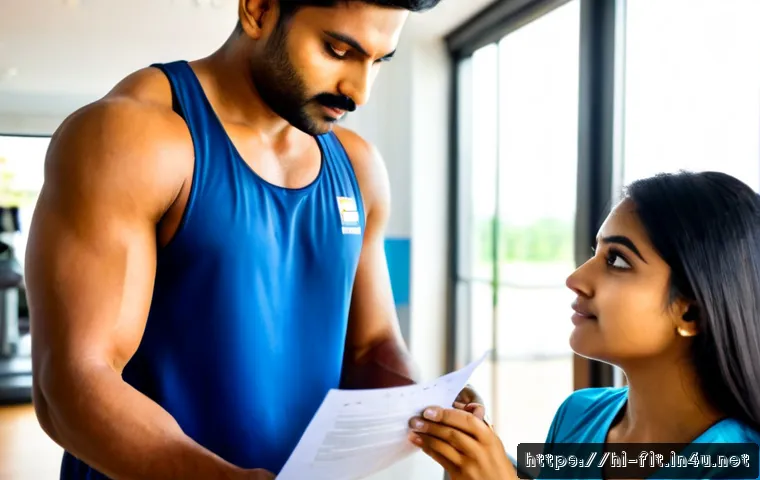 헬스트레이너 이직 시 유의사항 - Photorealistic Indian personal trainer in clean athletic clothing reviewing an employment contract w...