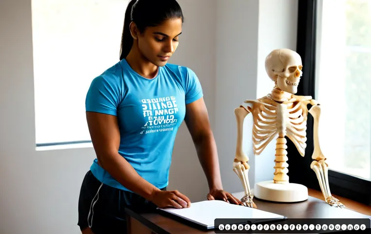 헬스트레이너 신체 해부학 공부법 - Photorealistic fitness trainer in a clean modern study room, wearing a fitted modest athletic T-shir...