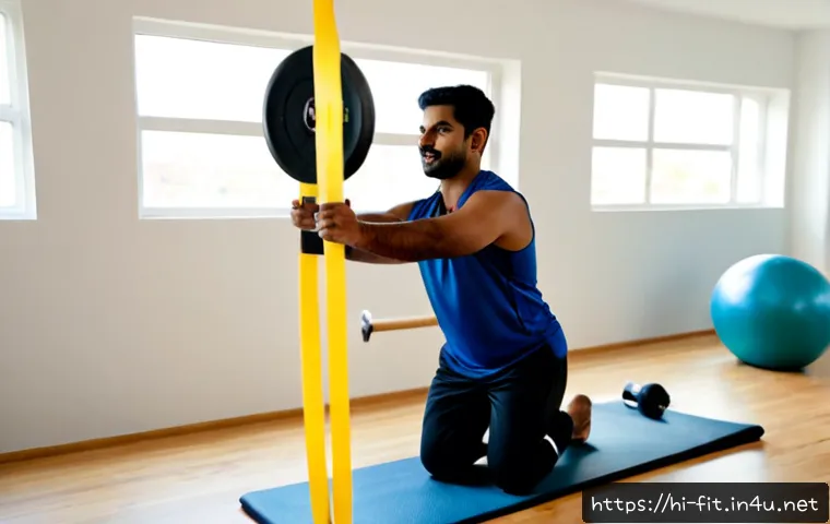 Home 17 헬스트레이너 운동 재활 기초 - Photorealistic rehabilitation fitness session in a bright modern gym, Indian male personal trainer i...